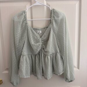 Japna Light Sage Swiss Dot Peplum Blouse - Women Tops